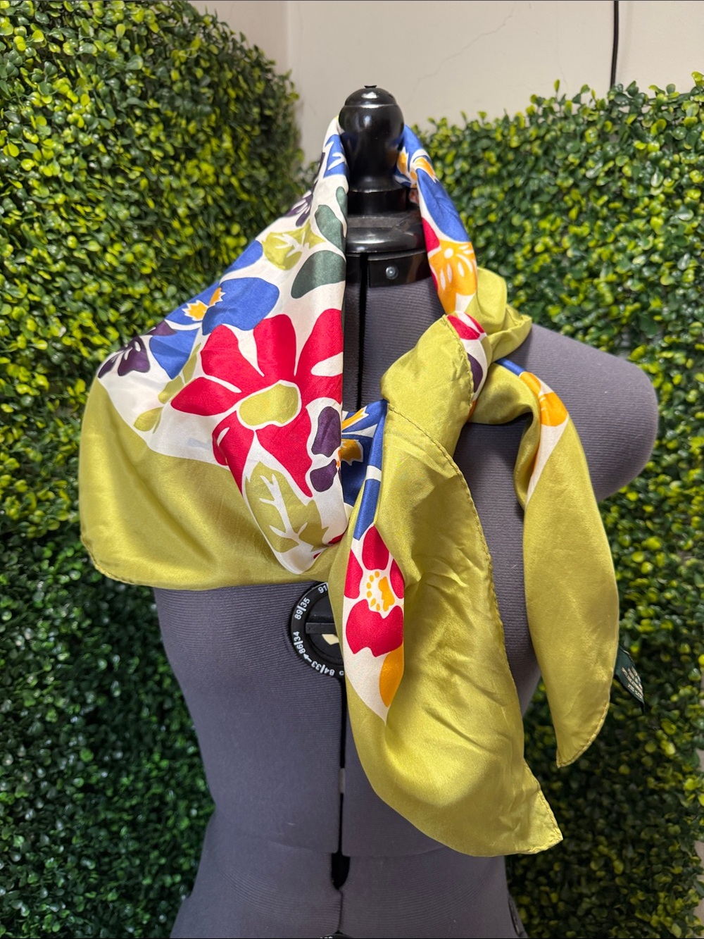 J. Crew Olive Green Silk Scarf with Multicolor Floral Print